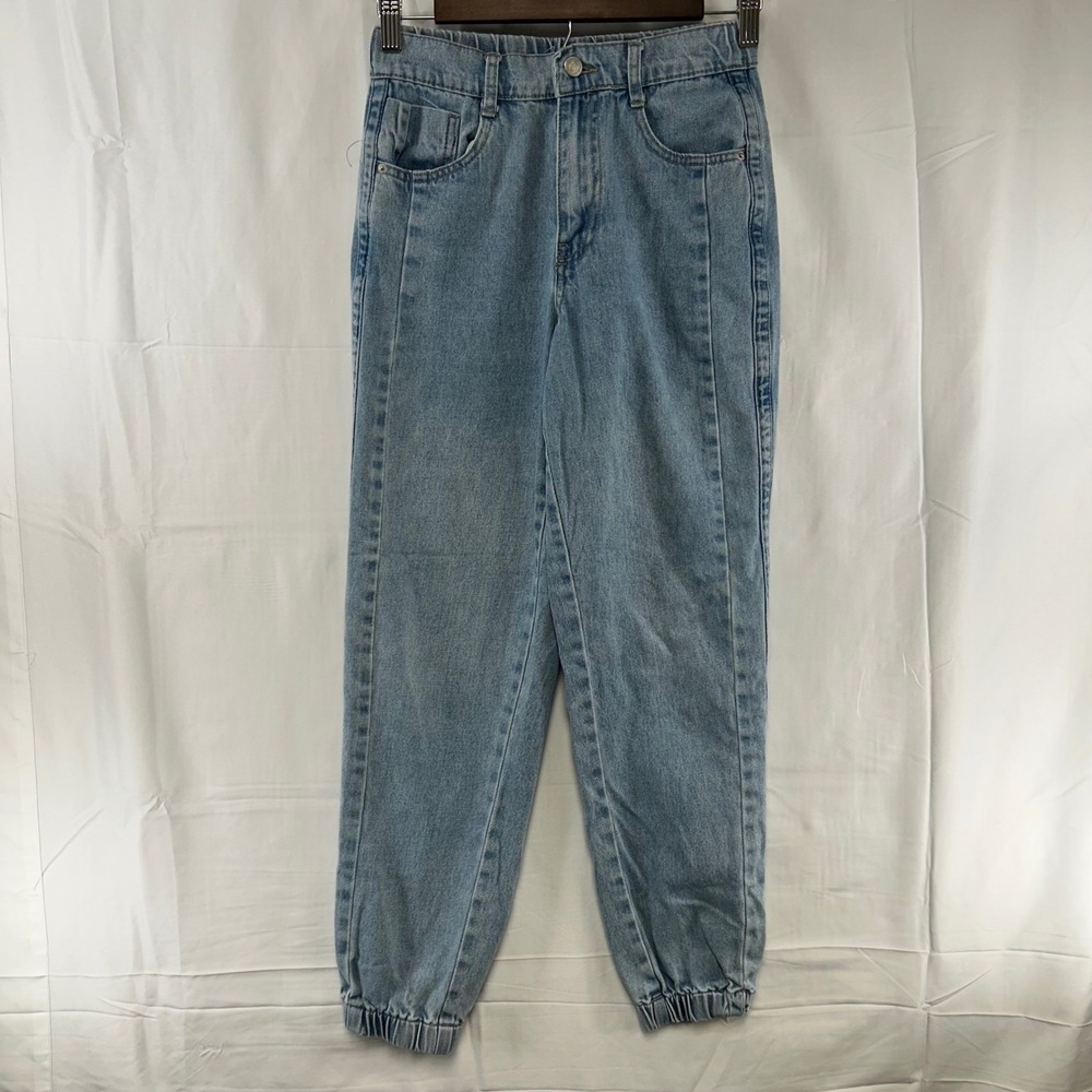 Forever 21 Denim Joggers Womens XS Light Blue High Rise Elastic Hem 100% Cotton